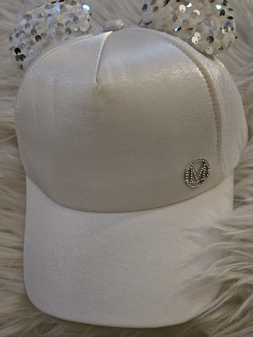 Othr White Sequin Ear Baseball Cap with Rhinestone M